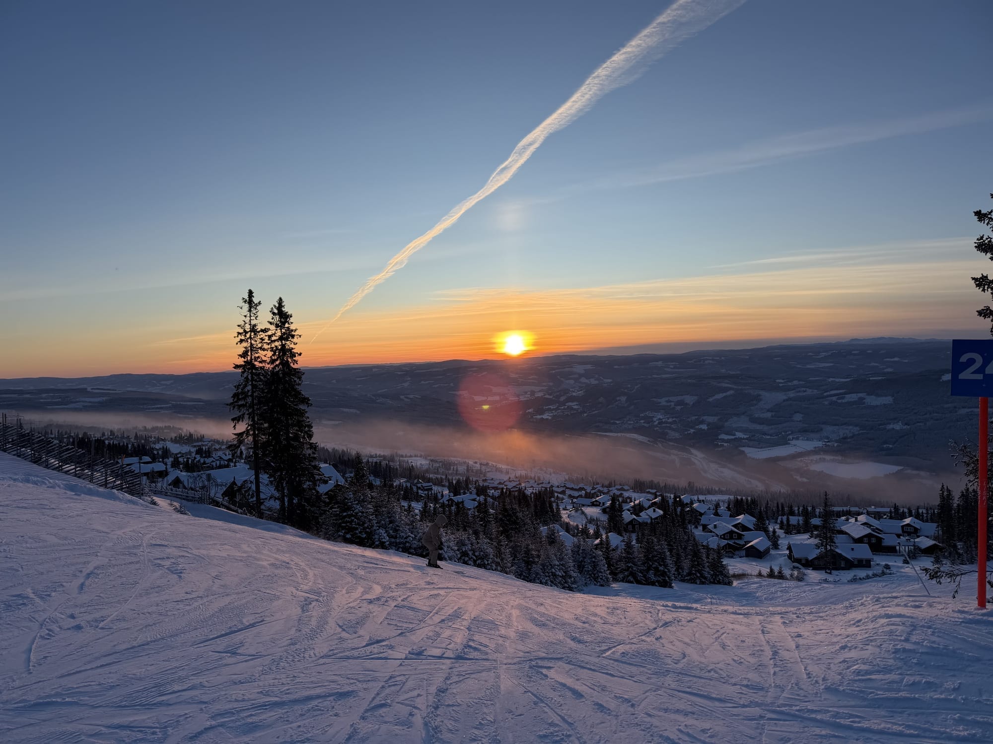 Hafjell 绿道 9 切到蓝道 24 路口附近的日落视野（2026 年 1 月）